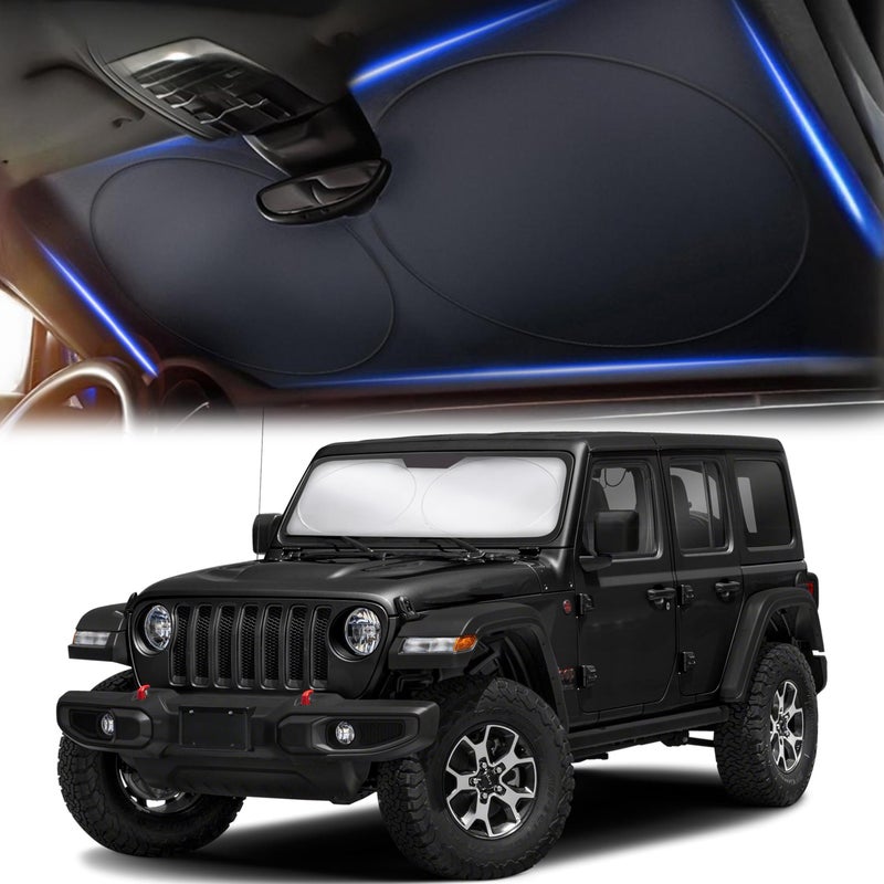 Autovir Jeep Windshield Sunshade | Protects Sun Visor from UV and Heat Protection | Fits for Wrangler  Gladiator  and Rubicon Models | Keeps Your Car Cool and Comfort | X-Small (60"" x 21"") - Image 1